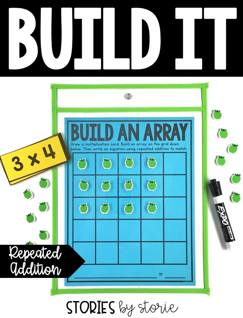 Students can build arrays using mini erasers, math manipulatives (cubes, counters, etc.), or other small objects and write the equation using a dry erase marker.
