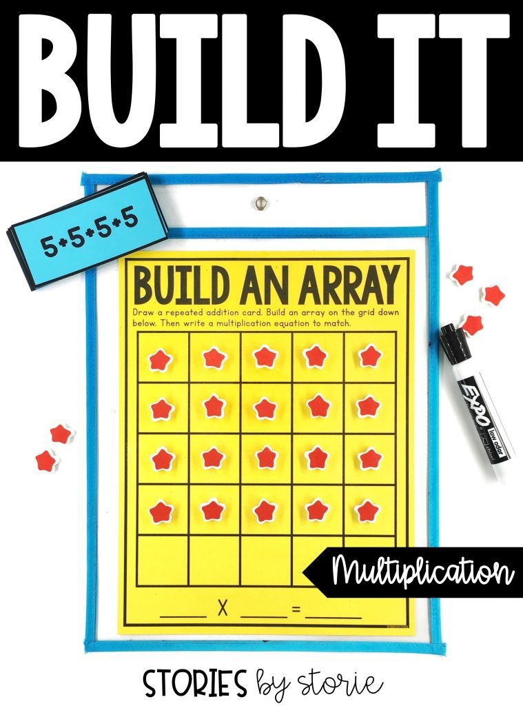 Students can build arrays using mini erasers, math manipulatives (cubes, counters, etc.), or other small objects and write the equation using a dry erase marker.