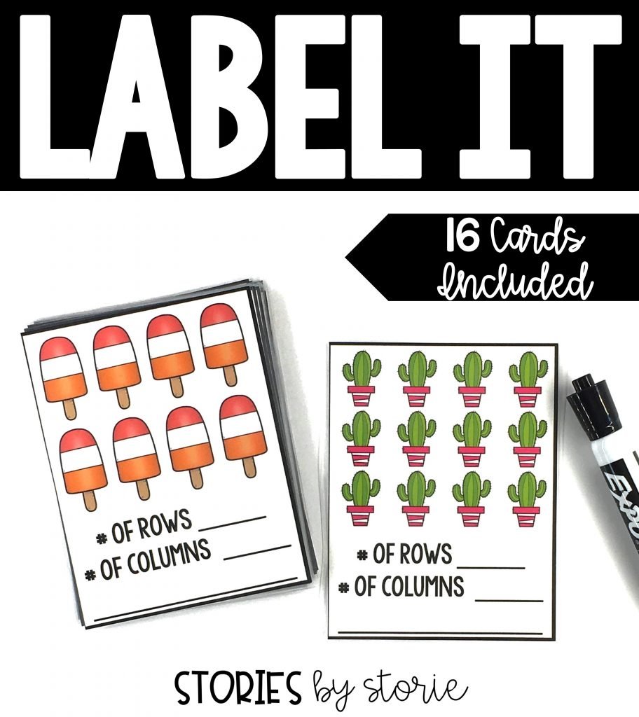 Once students have a firm grasp on rows and columns, they can practice labeling arrays with these 16 cards. Students can write a repeated addition or multiplication equation at the bottom.