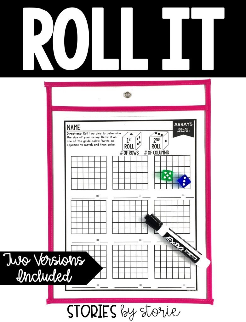 Students will roll and build arrays (up to a 6x6 array). If you put the page inside a dry erase sleeve, the activity can be used multiple times with different results.