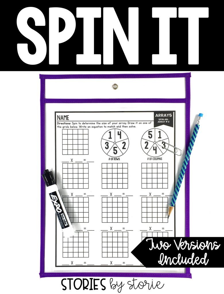 Students will spin and build arrays (up to a 5x5 array). If you put the page inside a dry erase sleeve, the activity can be used multiple times with different results.