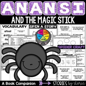 Anansi and the Magic Stick is a story retold by Eric A. Kimmel. This pack is filled with comprehension activities, vocabulary cards, writing prompts, and a spider craft that you can use with this entertaining picture book.
