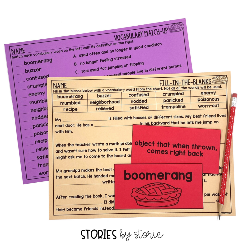 These Enemy Pie vocabulary activities include cards with definitions, a match-up page, and a fill-in-the-blanks practice page.