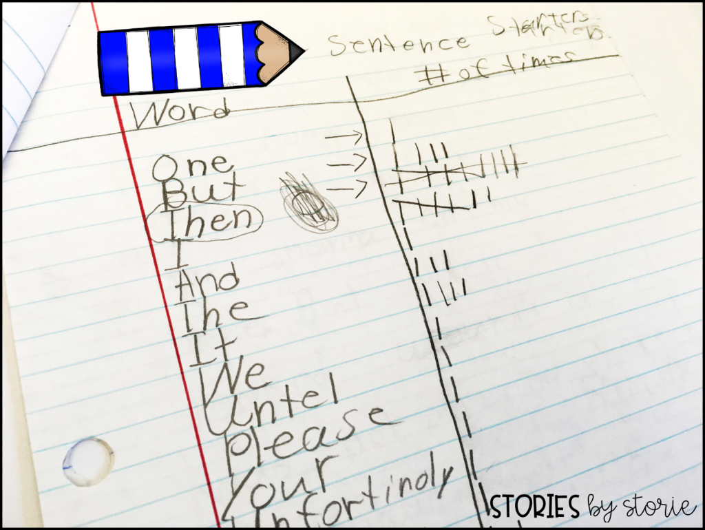 Revising Sentence Beginnings - Have your students set up a t-chart. On the left side, students will record a list of words that each sentence begins with as they look through their piece of writing. On the right side, students keep a running tally of the number of times those words are used as sentence starters.