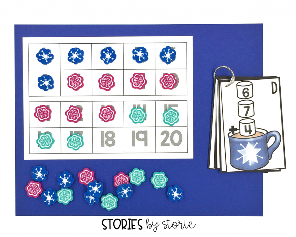 When working on addition with 3-addends, students can use a 20-frame with three different colors of math manipulatives. 