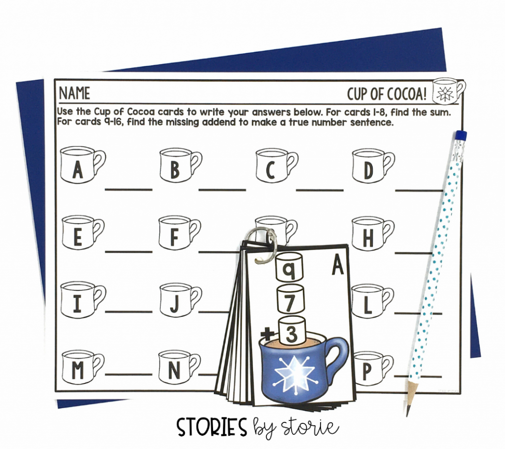 This Cup of Cocoa pack is designed to be used as a Scoot or Roam-the-Room activity. Students walk around the room and complete the task cards on the go. This helps get the wiggles out and gets them moving after sitting during your lesson. You can also use this activity in a math center. Simply place the cards on a ring for students to easily access and use.