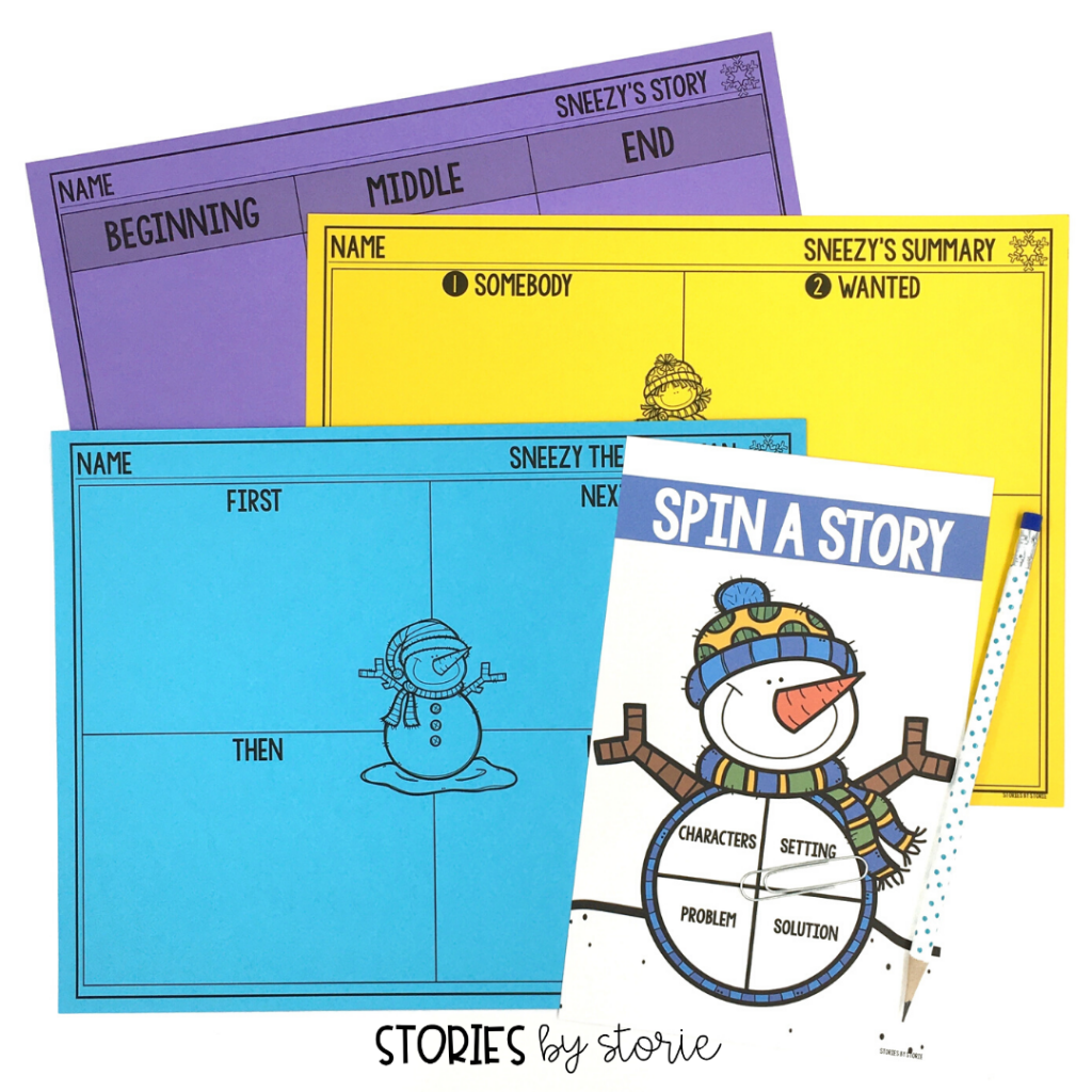 Once students can sequence Sneezy the Snowman, they are more prepared to retell or summarize the story. I have even included a snowman spinner activity that focuses on story elements.