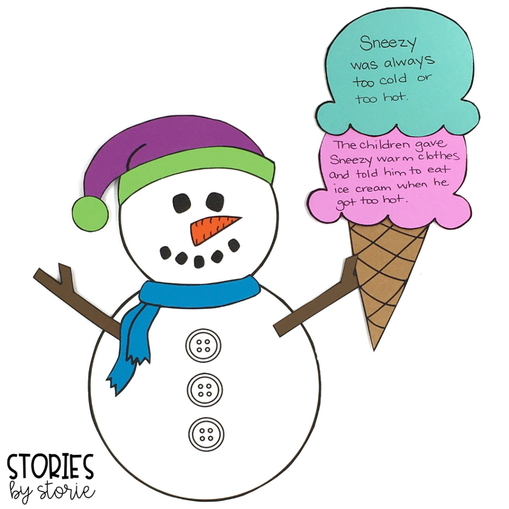 In the story, Sneezy the Snowman ends up eating ice cream to stay cool when he gets too warm. So I included an ice cream cone template you can use. You can stack the ice cream scoops or staple them into a booklet.