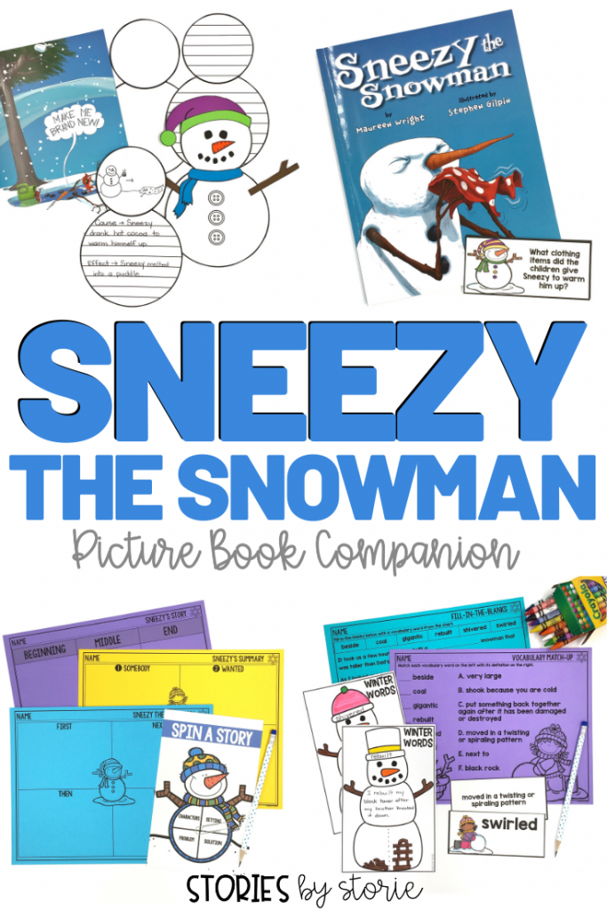 Sneezy the Snowman is a great picture book to share with your class in winter. This book companion contains comprehension questions, a sequencing activity, graphic organizers, vocabulary activities, and a snowman writing craft. 