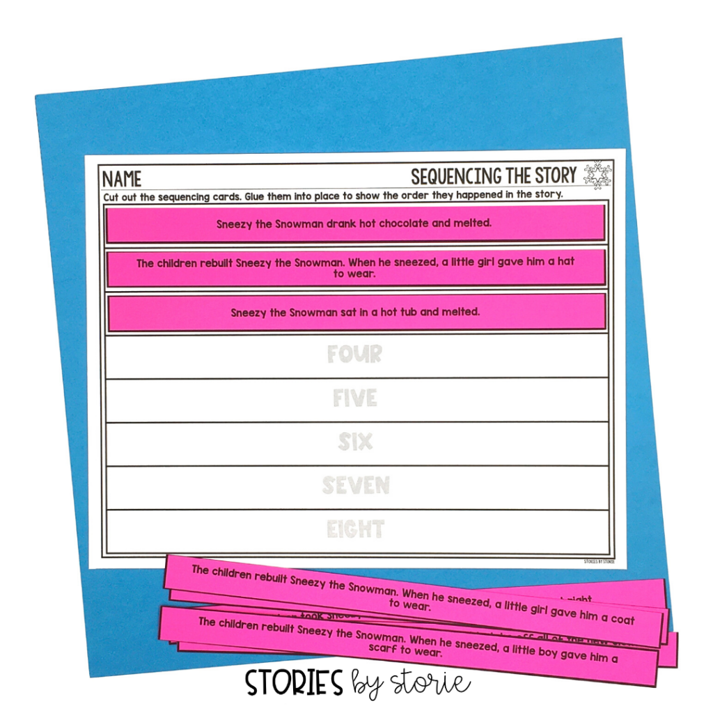 After reading Sneezy the Snowman, students can put the story back together with this sequencing activity. I like to print the story events on a different color of paper than the main page so it adds a bit of color.