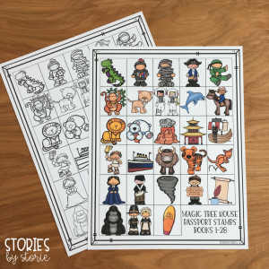 The passport stamps come with all 28 stamps on one page. These stamps work well for independent readers or small groups.