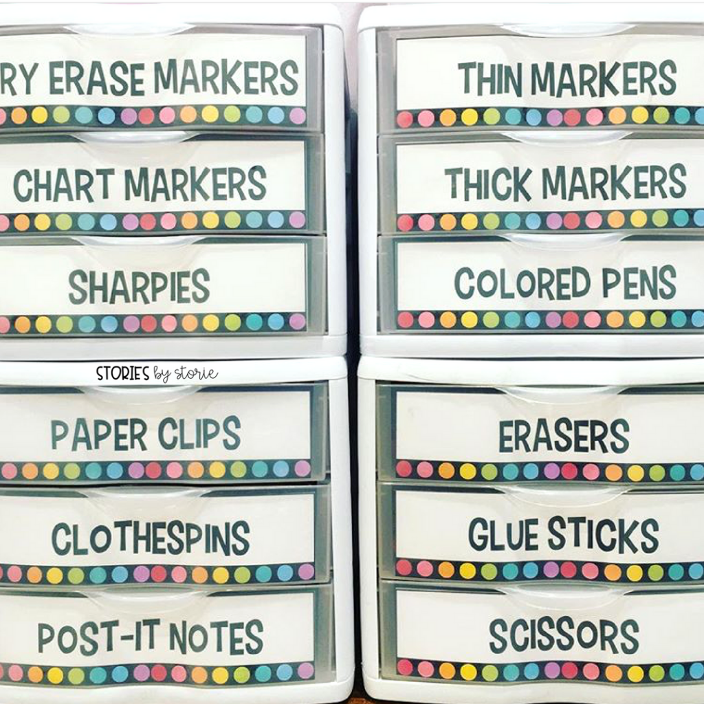 These free colorful dot labels can be used with the Sterilite 3-Drawer Units.