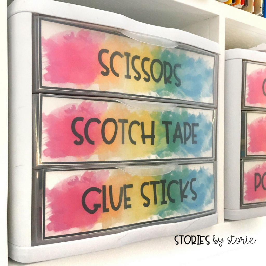 These free rainbow watercolor labels can be used with the Sterilite 3-Drawer Units.