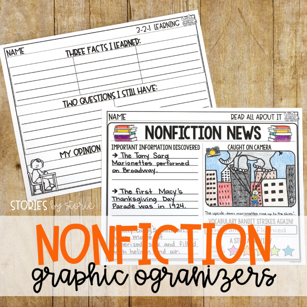After reading Balloons Over Broadway by Melissa Sweet, students can complete one of these two nonfiction graphic organizers. These allow students to record new facts, questions, vocabulary, and more!