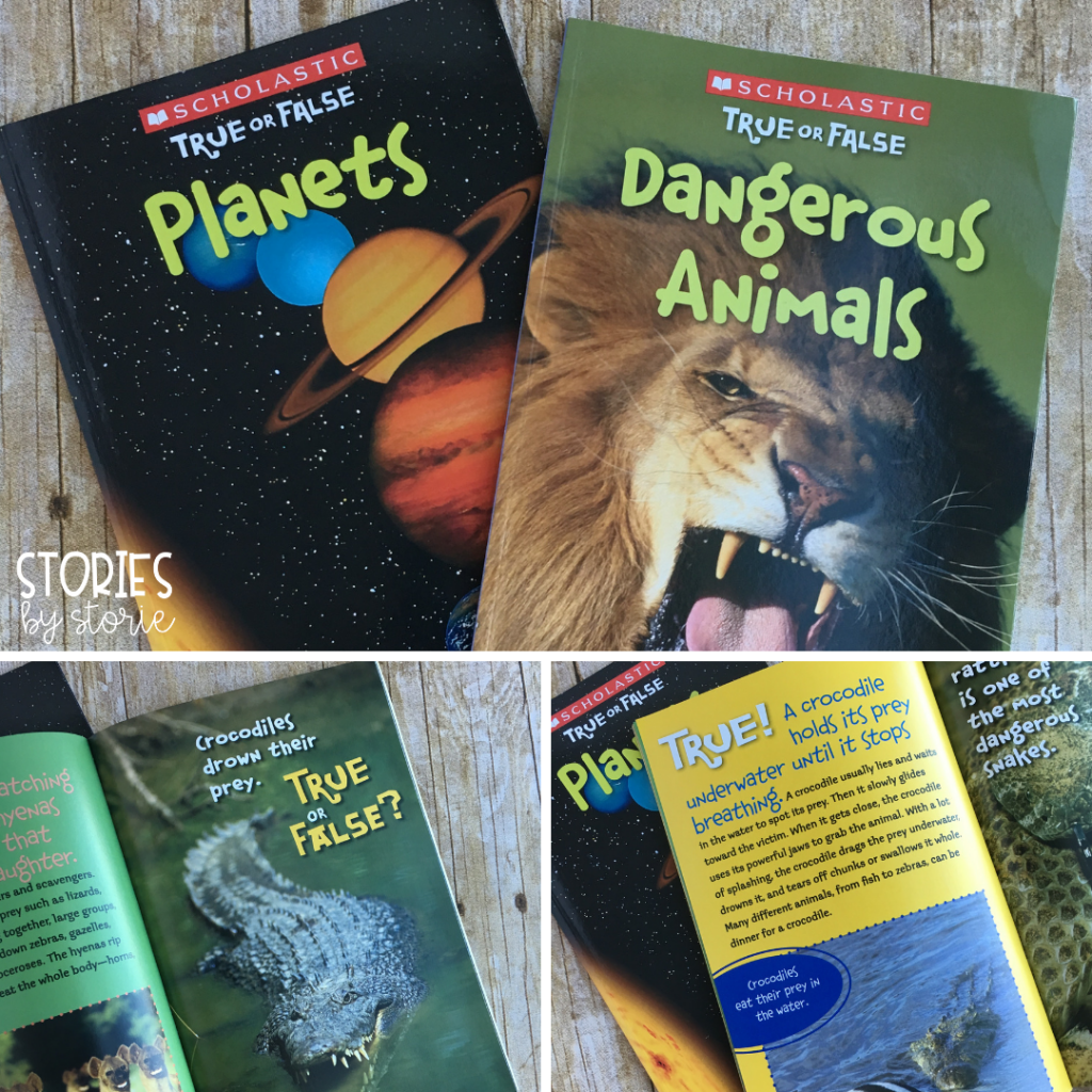 Scholastic True or False books are a great nonfiction book series for kids. Each of these books provides a thought-provoking statement on a page. Students have time to predict whether that statement is true or false before turning the page to find out the answer. Each book includes about 20 true or false statements along with photographs to support the text.