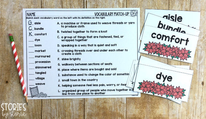 I have included 12 vocabulary words for The Legend of the Poinsettia. The words and definitions can be printed back-to-back for student flashcards. They can be printed on one side for a pocket chart display or matching game. A match-up page has been included to check for student understanding.