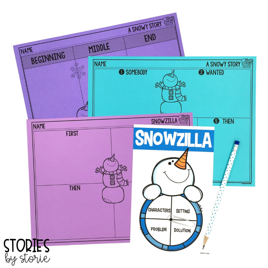 Once students can sequence Snowzilla, they can retell or summarize the story with these graphic organizers. This snowman spinner is a great way to work on story elements.