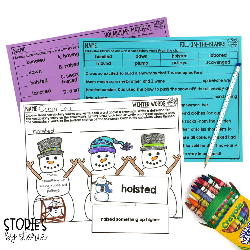 I have created several vocabulary activities for Snowzilla. There are vocabulary cards with definitions, a winter words organizer, a match-up page, and a fill-in-the-blanks page.