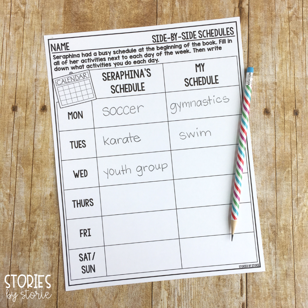After reading Seraphina Does Everything, students can compare their activity schedule with Seraphina's schedule.