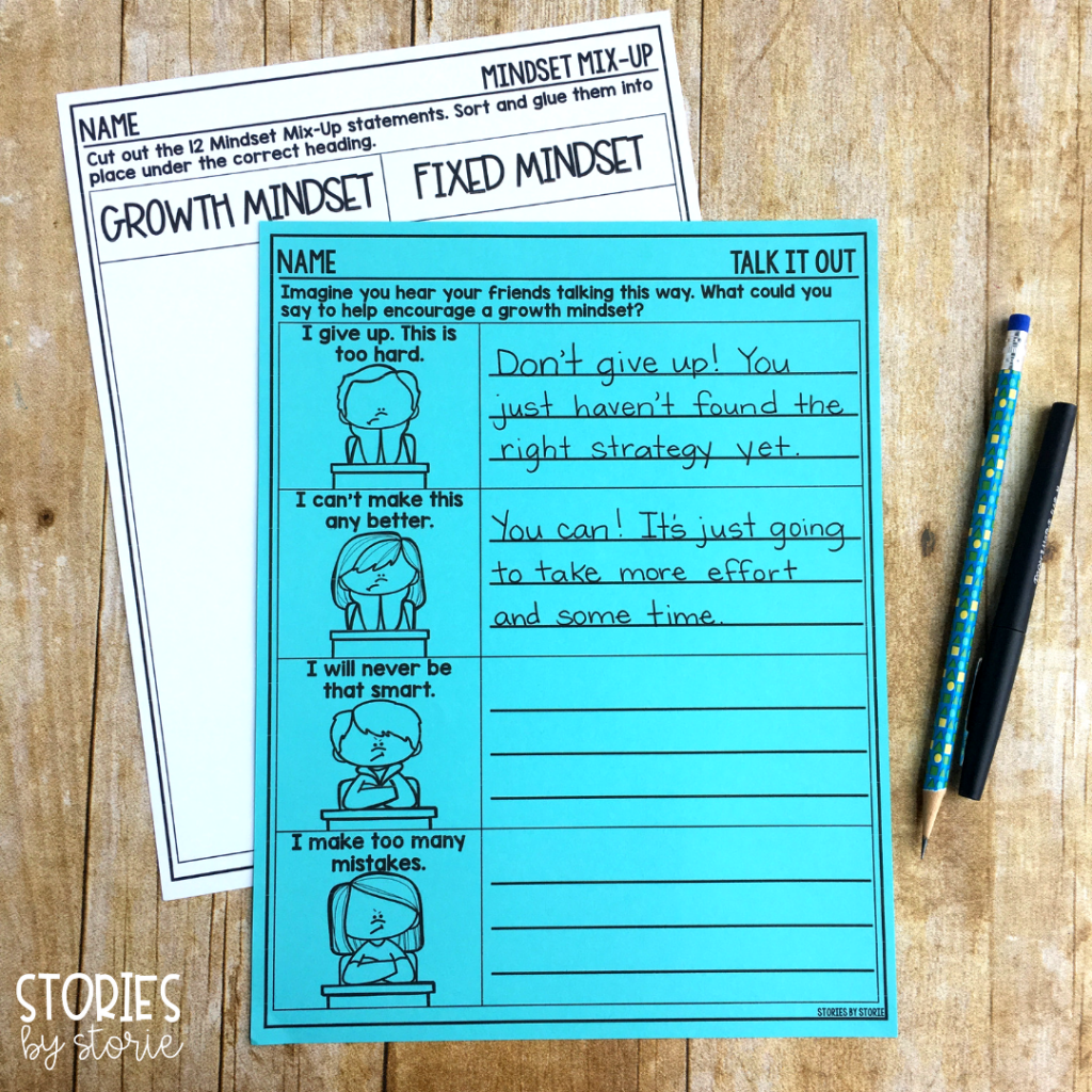 Talk it Out encourages students to use growth mindset language. In each scenario, students offer advice on how to help a friend change their words from a fixed mindset to a growth mindset.