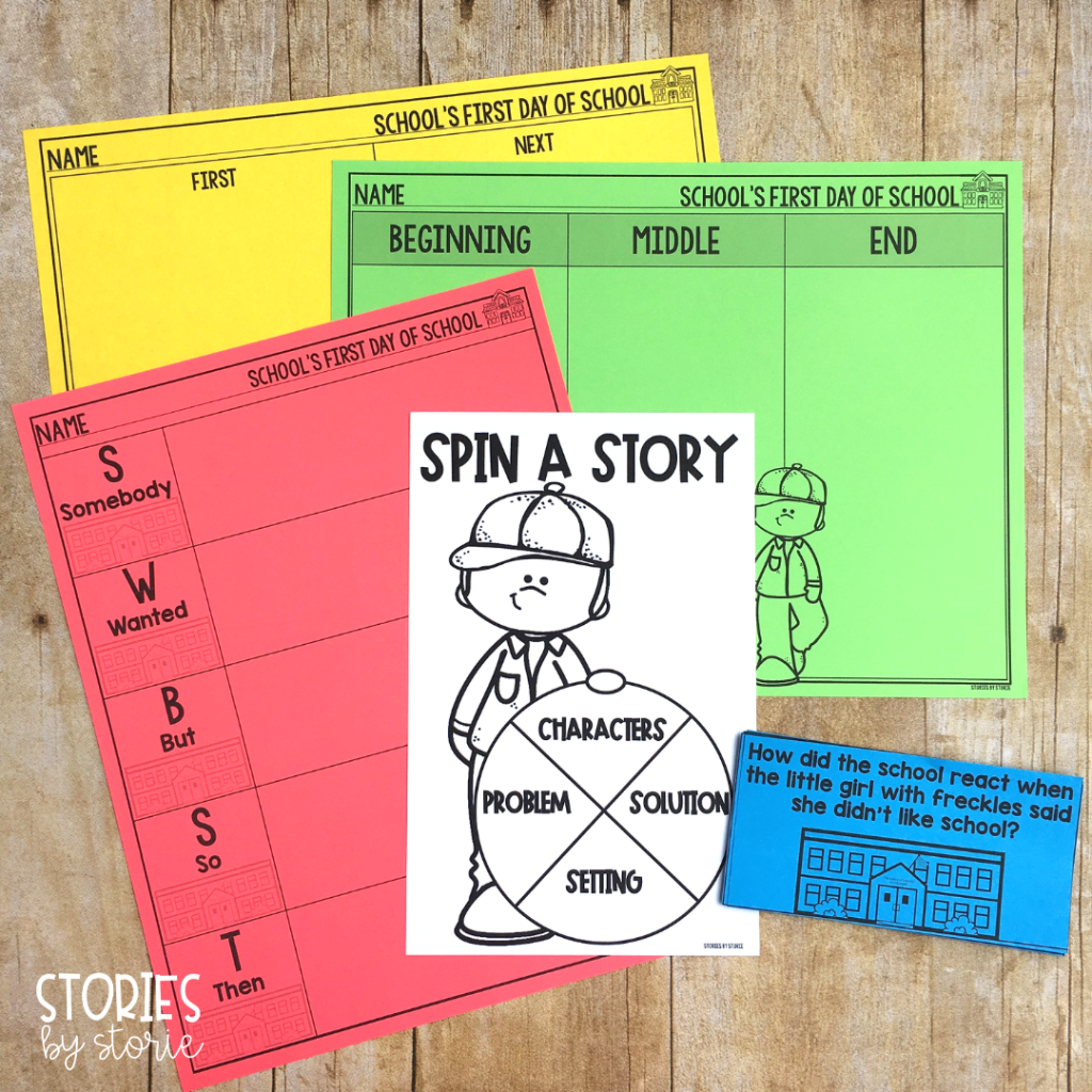 After reading School's First Day of School, you can check student comprehension with these activities. There are graphic organizers to work on summarizing and retell and this spinner activity helps students focus on story elements.