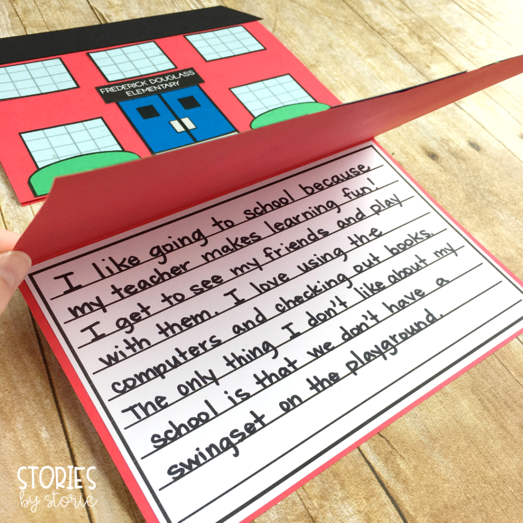 School's First Day of School - This school craft booklet opens to share student writing. I have included several suggestions for writing prompts, but you can also choose your own.