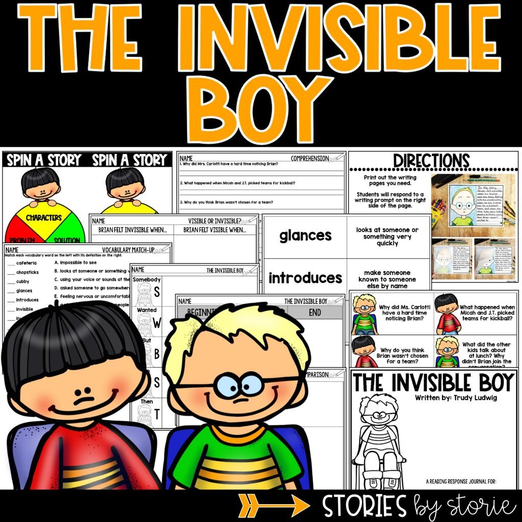 The Invisible Boy Book Companion - contains comprehension activities, vocabulary, character charts, graphic organizers, and a directed drawing that can be paired with a writing prompt.