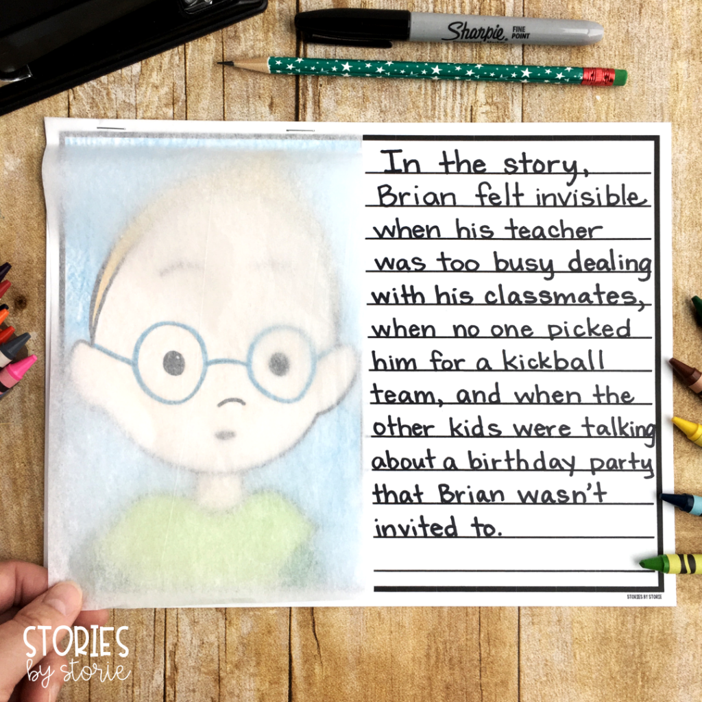 The Invisible Boy centers around Brian. To keep with the feeling of the book, students can attach tissue paper or wax paper over the top of their drawing to give it more of an invisible feel.