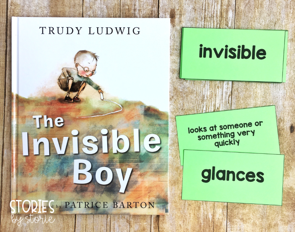 I selected 12 vocabulary words or phrases to focus on while reading The Invisible Boy. Each vocabulary card has a matching definition. These can be used in a pocket chart display or students can play a memory matching game for further practice.