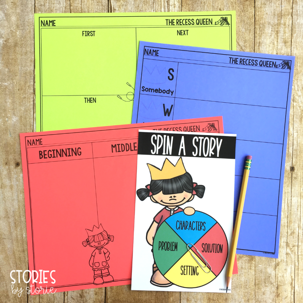 These graphic organizers will come in handy as your students summarize or retell The Recess Queen. Students can review story elements with this spinner activity, too.