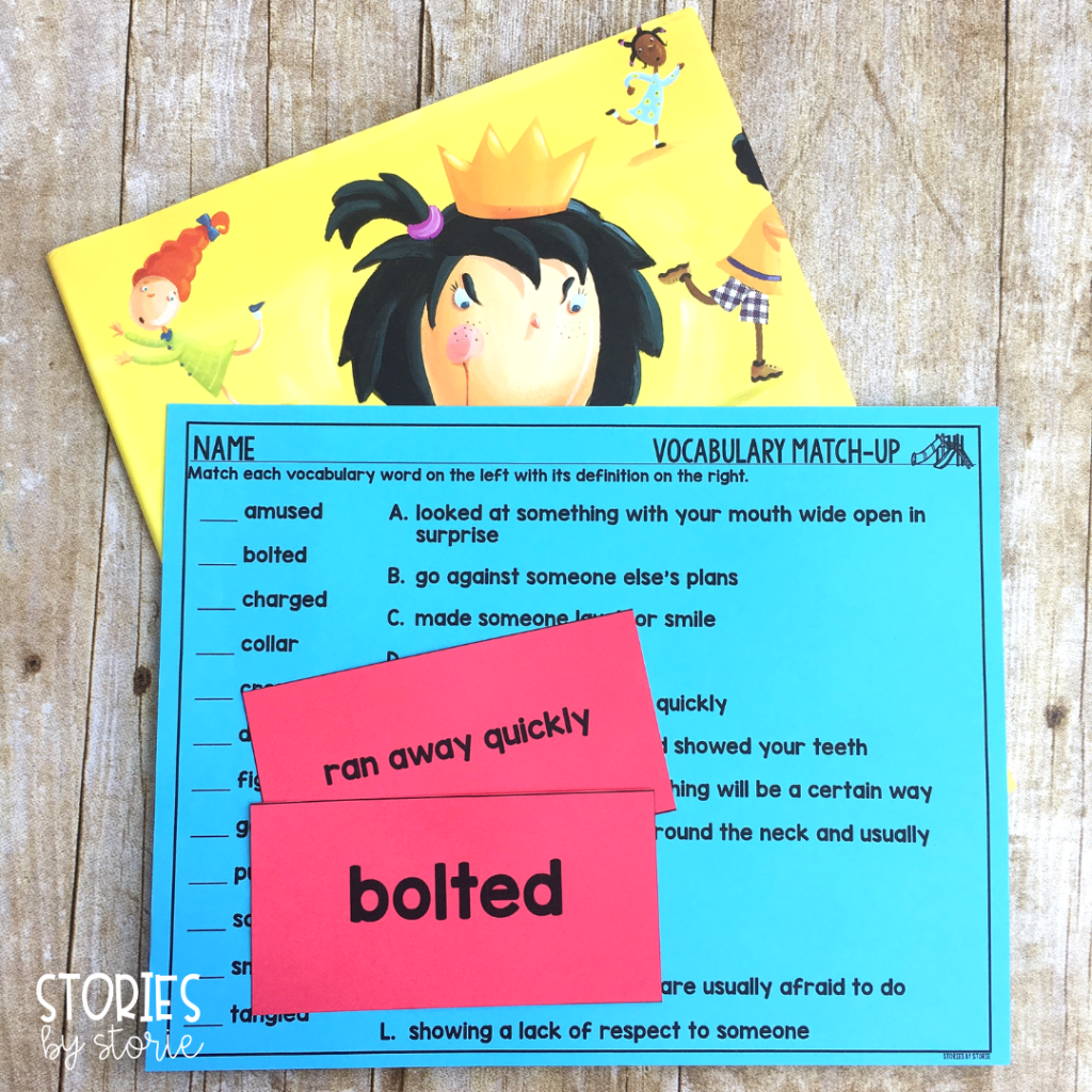 These 12 vocabulary cards can be used while reading The Recess Queen. Each vocabulary card has a matching definition. These can be used in a pocket chart display or students can play a memory matching game for further practice. You can use this vocabulary match-up page to check for understanding of these terms.