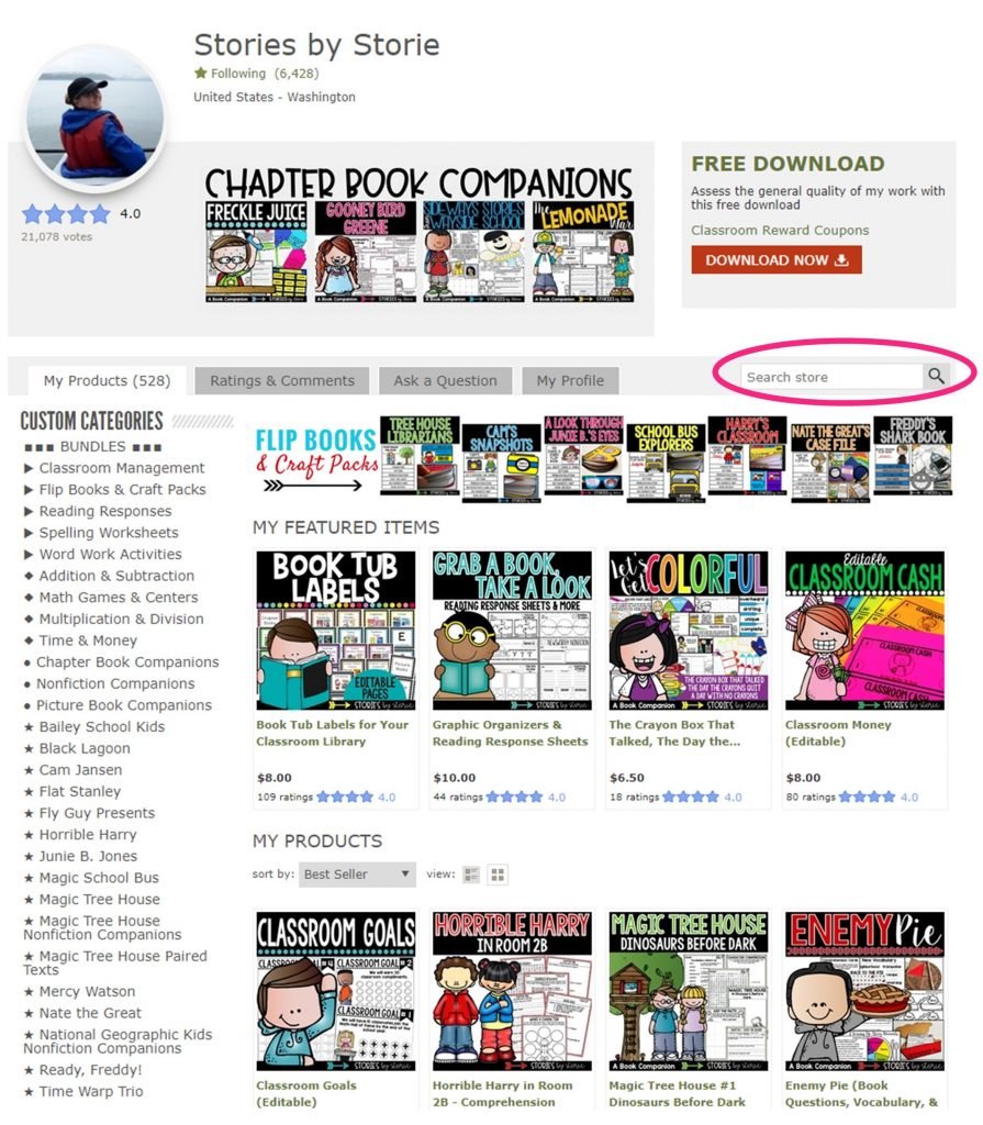 My Teachers Pay Teachers store has a wide variety of chapter book companions you can use with your small groups. You can use the custom categories on the left hand side, or complete a search for a specific book title using the search bar.