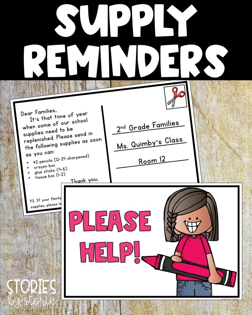 When school supplies are running low, you can send a friendly reminder using these classroom postcards. Simply add the supplies you need and send home in student folders.