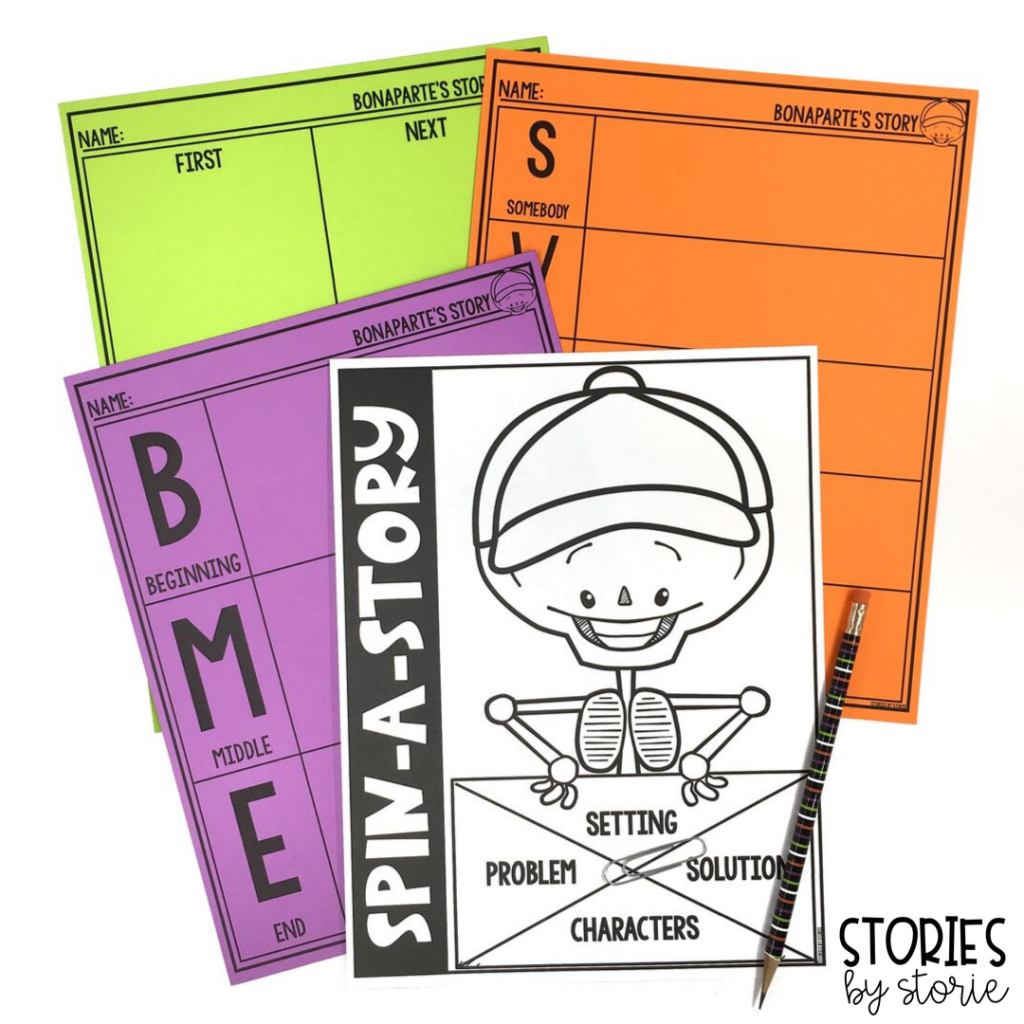 I added graphic organizers to help students work on summarizing and retelling Bonaparte Falls Apart. This spinner activity is great for working on story elements.