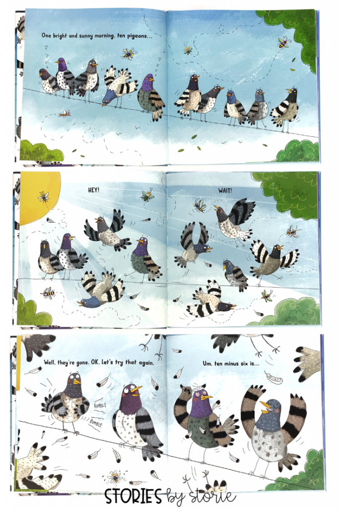 Pigeon Math by Asia Citro and Richard Watson is a humorous story about trying to determine the number of pigeons on the line when outside influences keep that number changing until the end.