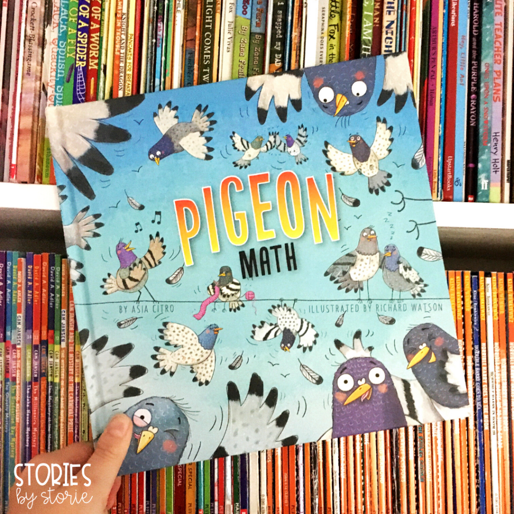 Pigeon Math by Asia Citro and Richard Watson is a humorous story about trying to determine the number of pigeons on the line when outside influences keep that number changing until the end.