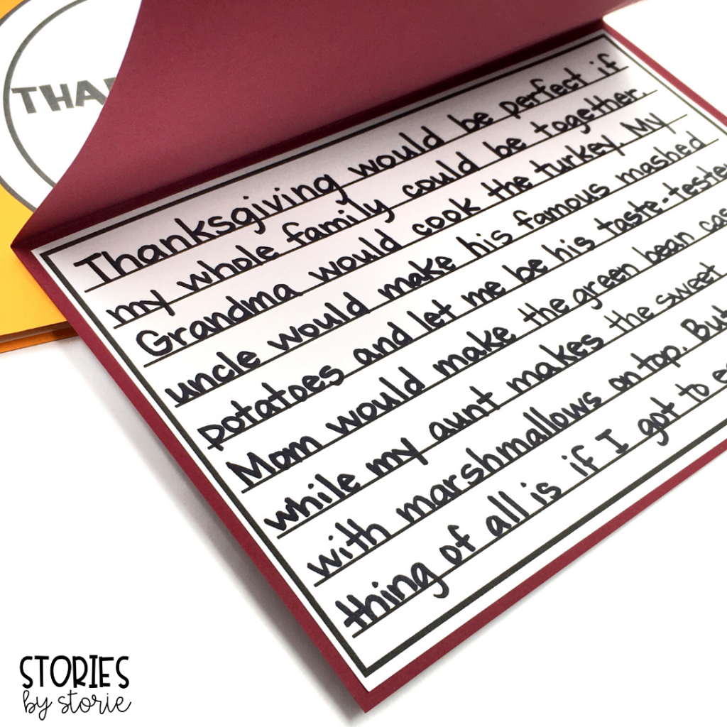 After reading Thanksgiving at the Tappletons', students can create this placemat craft. On the outside, students can draw and color a Thanksgiving meal or add their last name to the title. On the inside, students can respond to one of the included writing prompts.