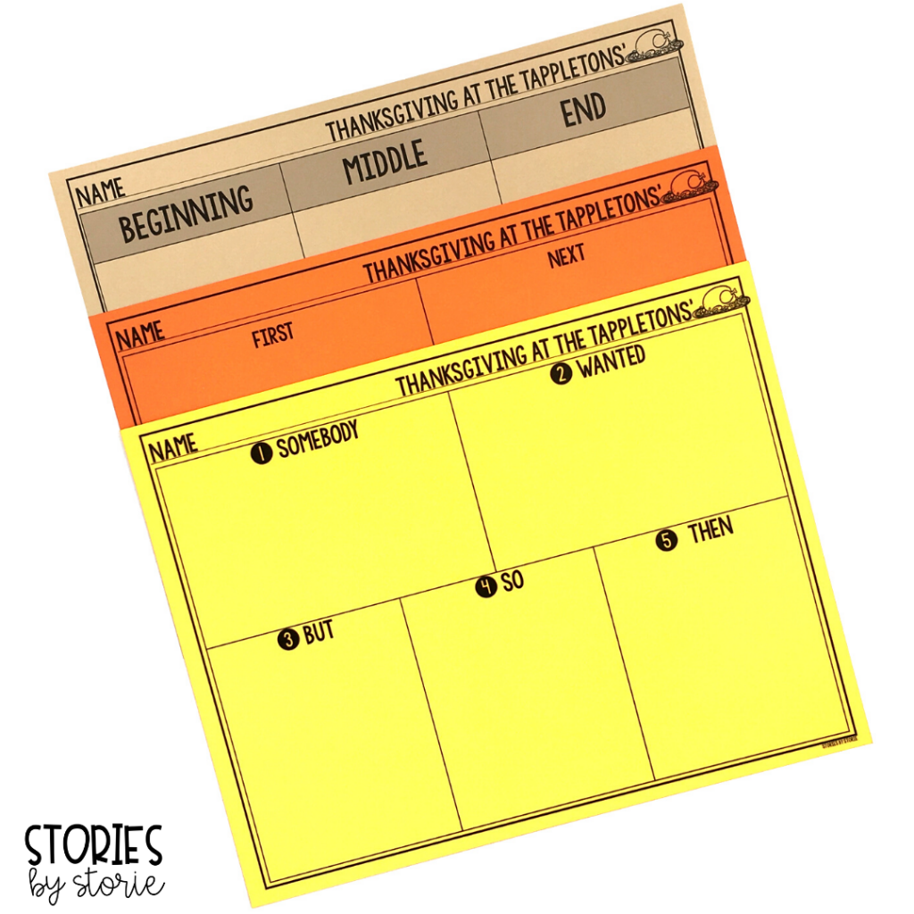 I added graphic organizers to help students work on summarizing and retelling Thanksgiving at the Tappletons'. 
