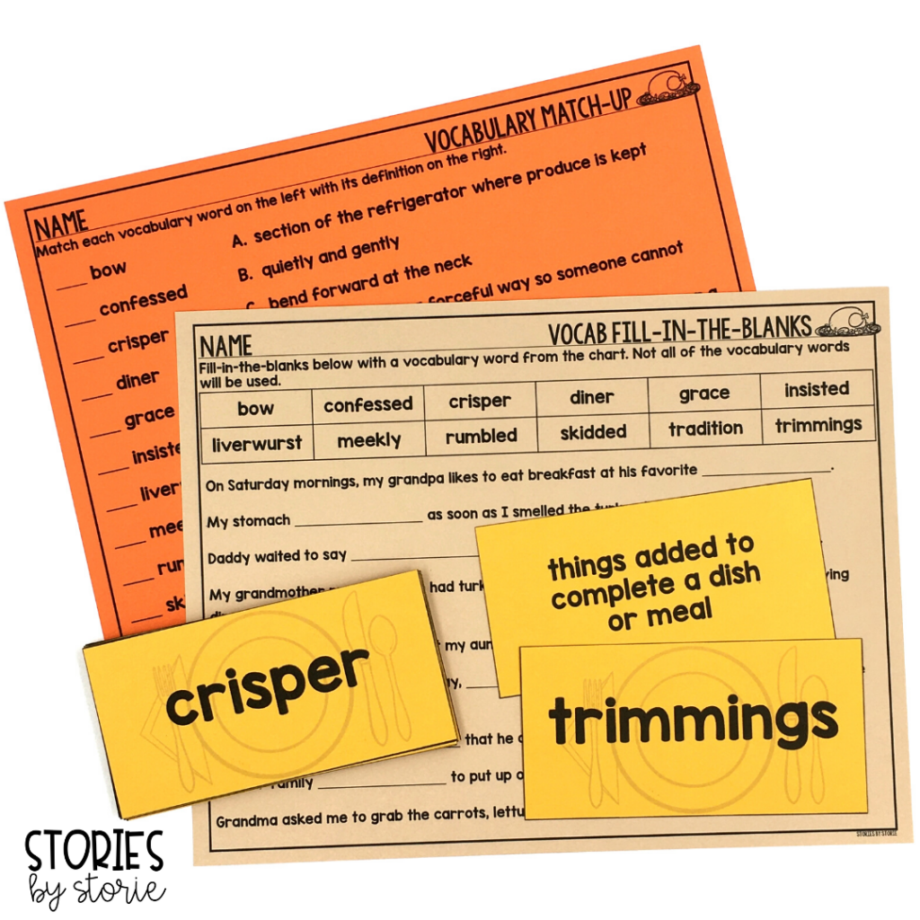 I selected 12 vocabulary words to focus on from Thanksgiving at the Tappletons'. Each vocabulary card has a matching definition. Students can play a memory matching game or use them in a pocket chart center. Then, students can work with their vocabulary words using this fill-in-the-blanks page and vocabulary match-up activity.