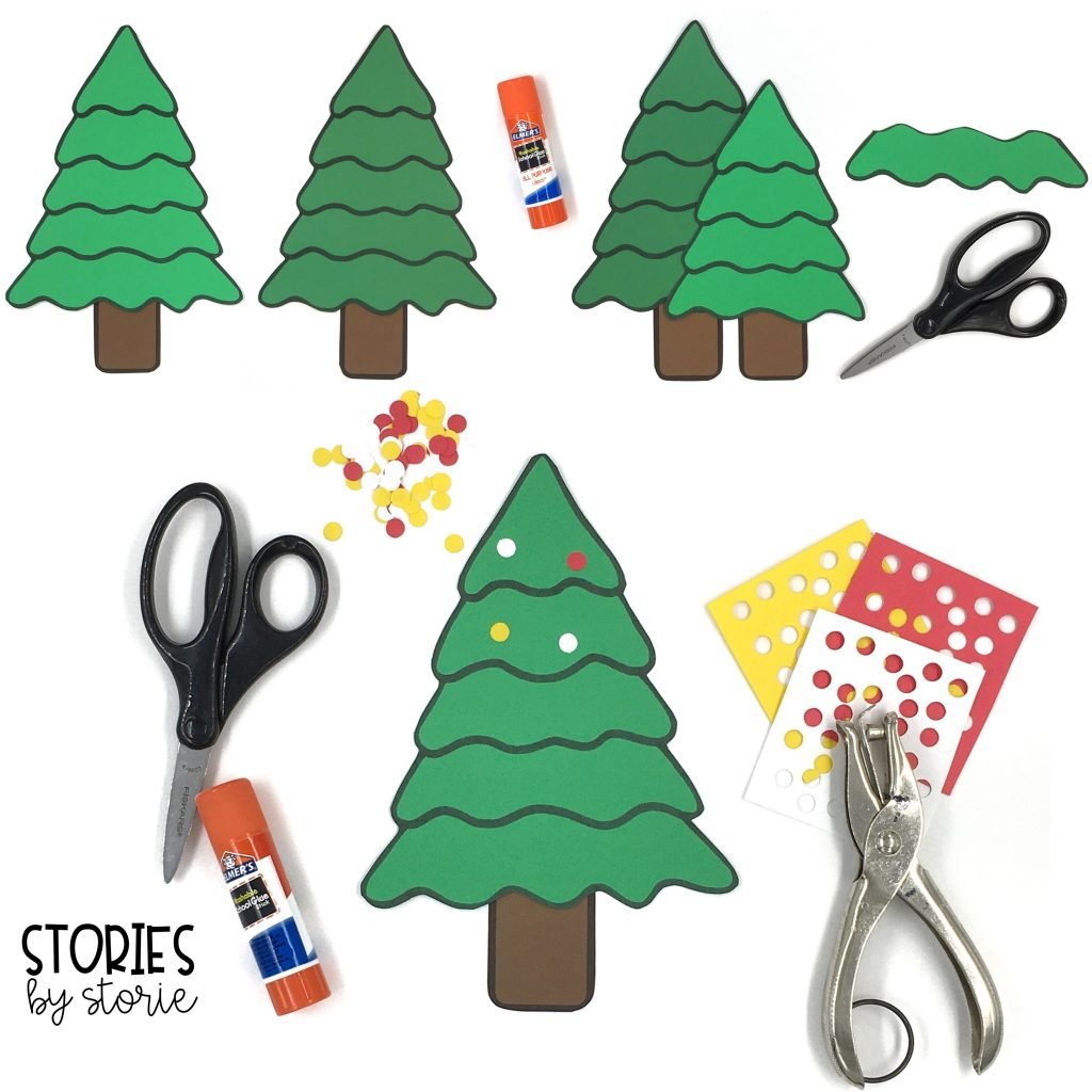 In Night Tree, the family decorated the tree with apples, tangerines, popcorn strings, and balls of sunflower seeds and pressed millet and honey. Your students can decorate their tree using markers, paint, hole punch circles, glitter glue, and more!