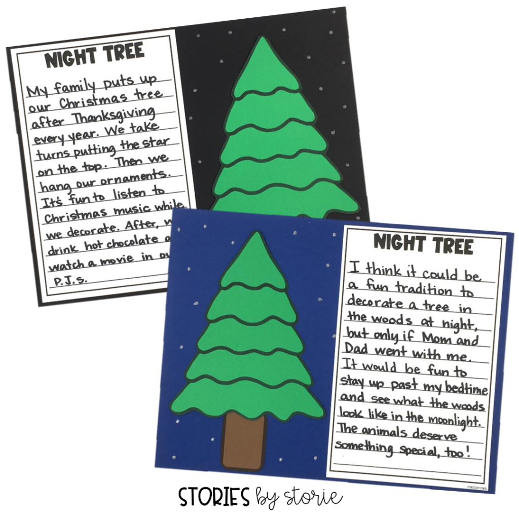 After reading Night Tree, students can respond to the text using one of the included prompts, or choose one of their own. This piece of writing will lay next to their tree. These would make a great bulletin board display.