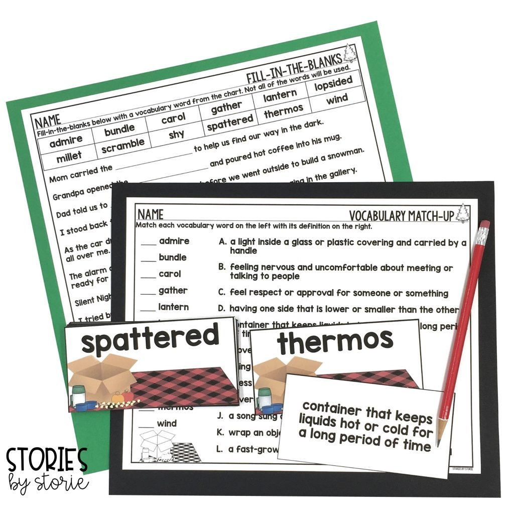 I chose 12 vocabulary words for Night Tree by Eve Bunting. Each vocabulary card has a matching definition. Students can play a memory matching game or use them in a pocket chart center. Then, students can work with their vocabulary words using this fill-in-the-blanks page and vocabulary match-up activity.