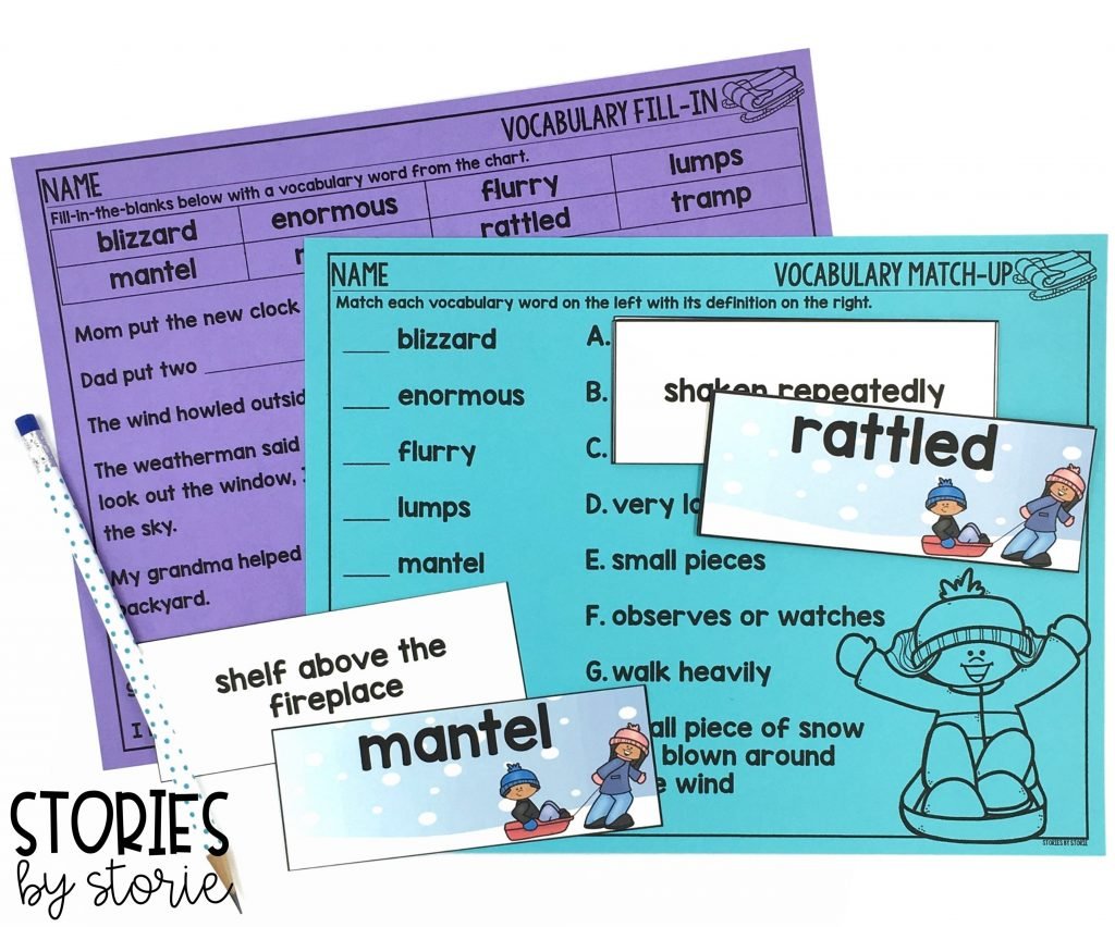I selected 8 vocabulary words for The Snow Globe Family. Each vocabulary card has a matching definition. Students can play a memory matching game or use them in a pocket chart center. Then, students can work with their vocabulary words using this fill-in-the-blanks page and vocabulary match-up activity.