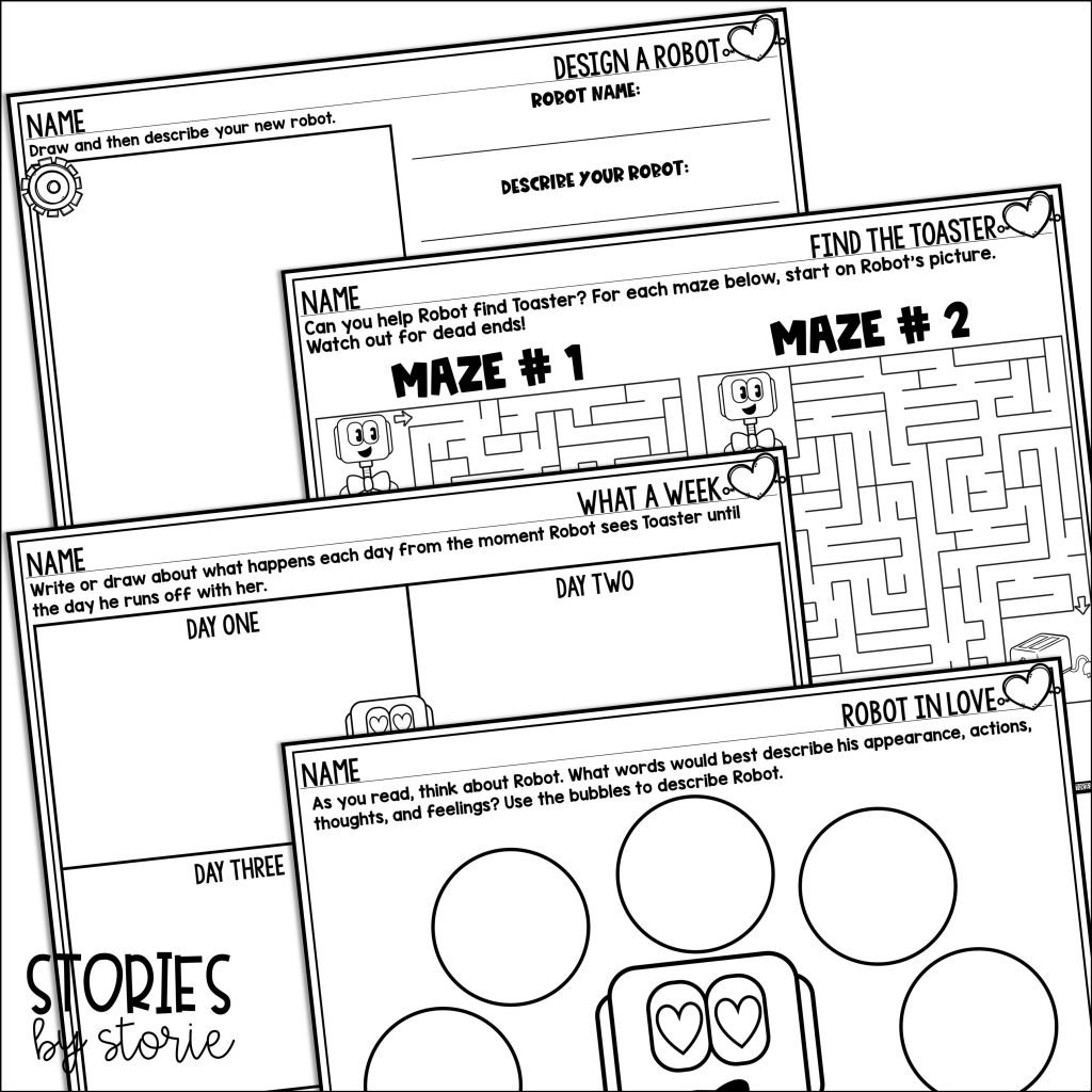 I have included a few extra activities you can use with Robot in Love by T.L. McBeth. Students can complete these mazes, design and describe a new robot, and describe Robot along with his day-to-day interactions with Toaster.