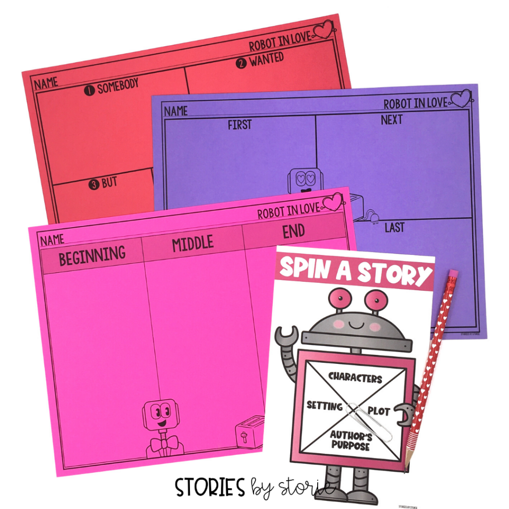 Once students have read Robot in Love by T.L. McBeth, they can practice retelling or summarizing the story with these graphic organizers. The spinner activity is a great way to work on story elements.