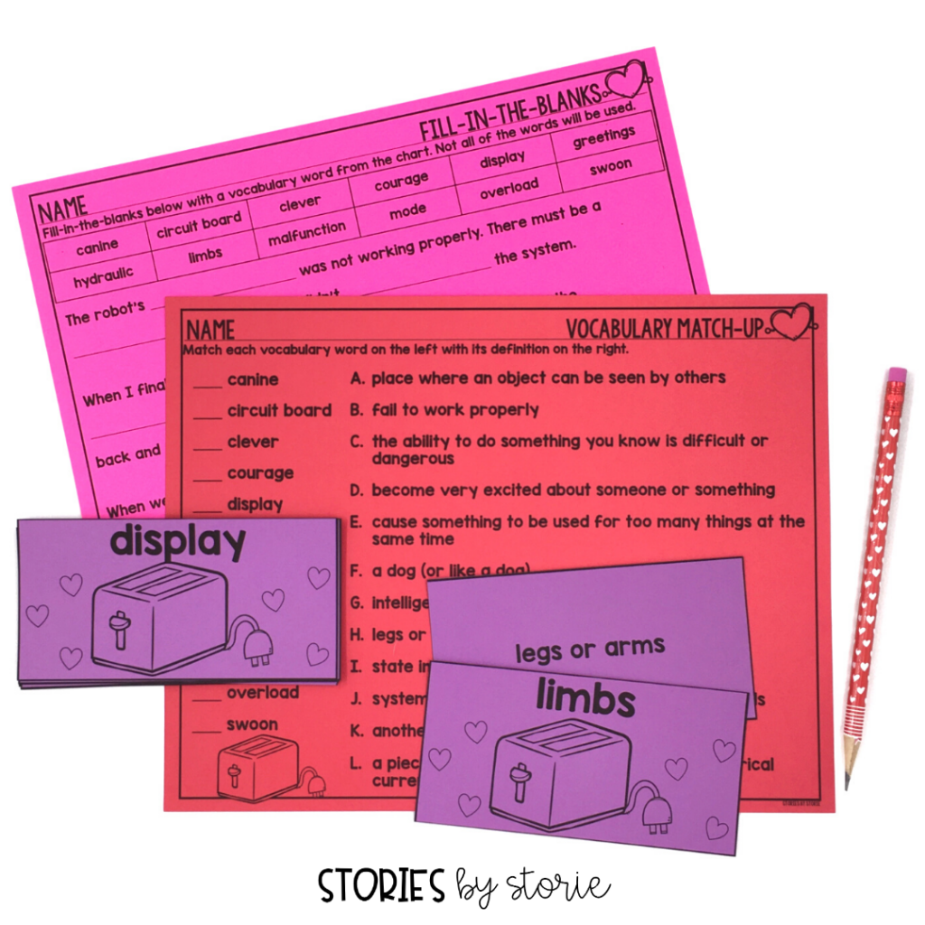 I have selected 12 vocabulary words for Robot in Love by T.L. McBeth. There are vocabulary cards with definitions. Students can work with these vocabulary words using the match-up and fill-in-the-blanks pages.