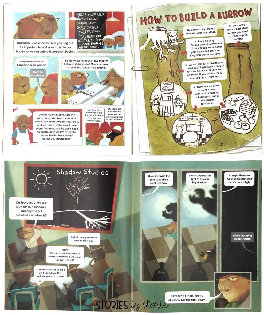 Groundhog Weather School combines an informational text with cartoon-like characters and speech bubbles. You will need to walk your students through how to approach the text on each page in order to take in all of the information. Take a peek at some of the pages.