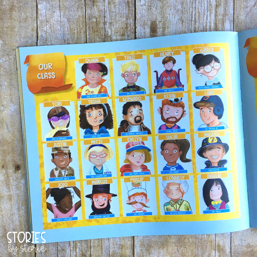 One of my favorite features of the book is the class photo pages in the back of the book. There is a page showing each class member as the hero they chose to dress up as for Hero Week. On the opposite page, the author and illustrator take a sneak peek 20 years in the future to see what became of each student. Some matched their heroes, and some went in a different direction - much like true life!