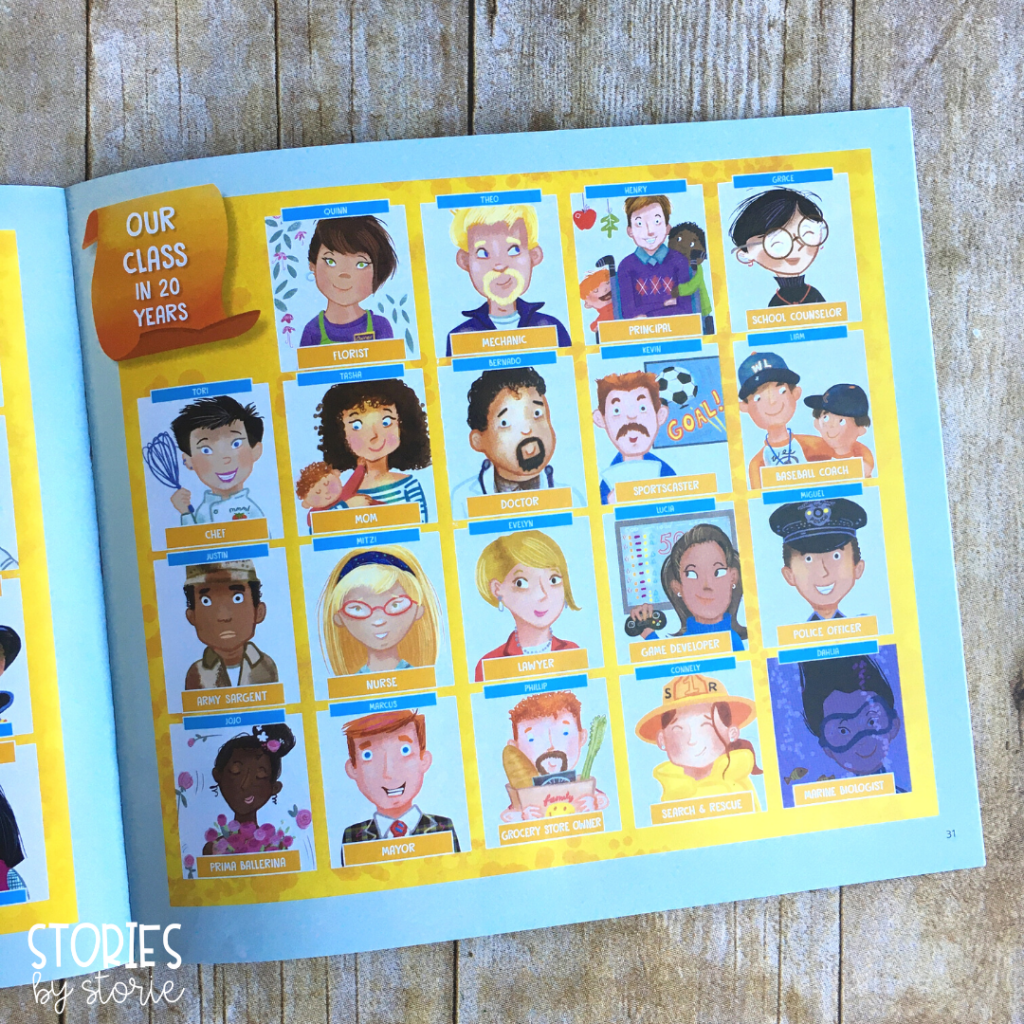 One of my favorite features of the book is the class photo pages in the back of the book. There is a page showing each class member as the hero they chose to dress up as for Hero Week. On the opposite page, the author and illustrator take a sneak peek 20 years in the future to see what became of each student. Some matched their heroes, and some went in a different direction - much like true life!