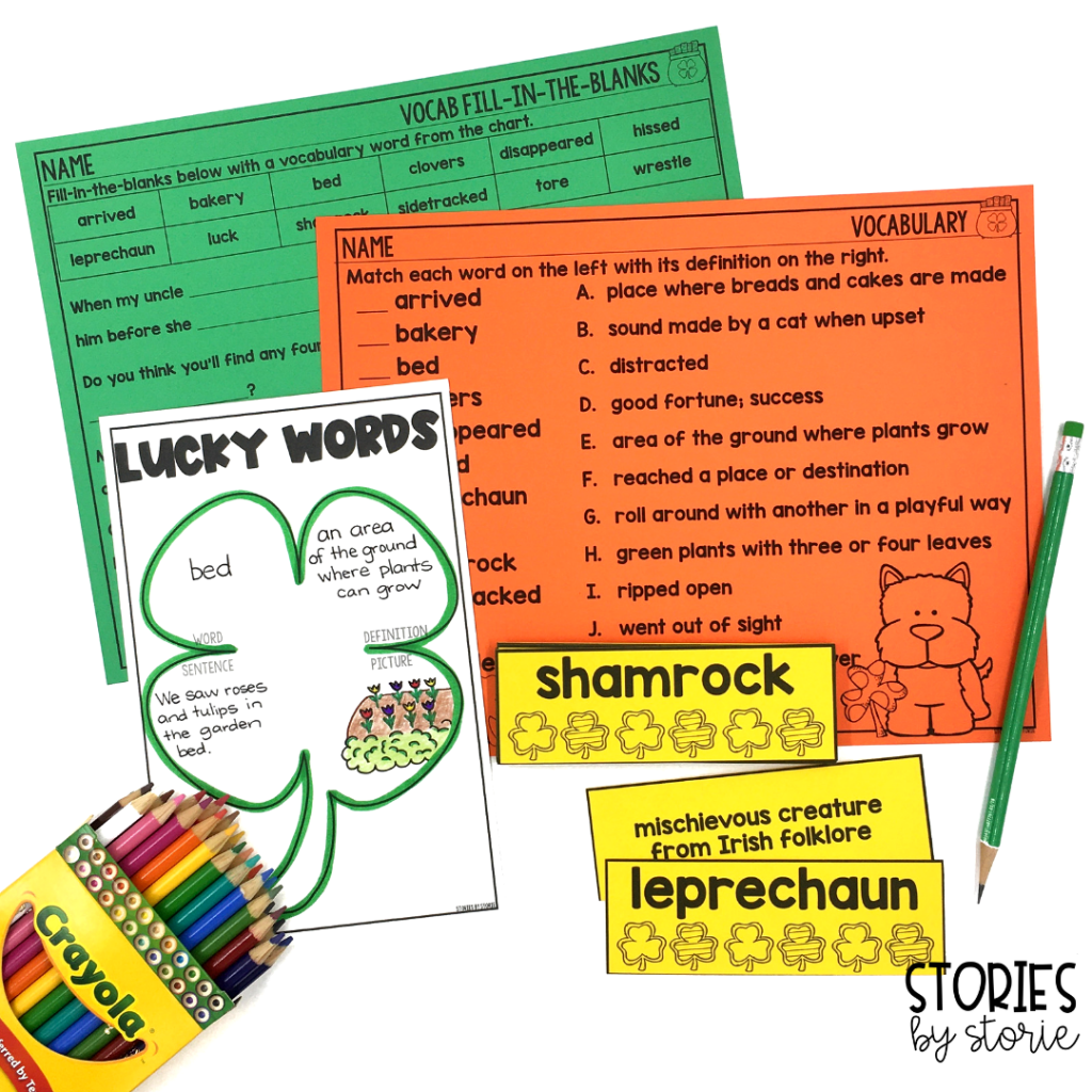 I selected 12 vocabulary words for the book, Lucky Tucker. There are vocabulary cards with definitions, a shamrock-themed graphic organizer for additional practice, and two practice pages.